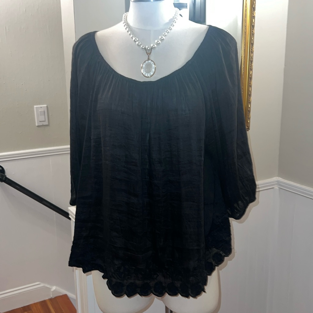 Velvet Black Blouse With Embroidered Trim Around Hem. Large.